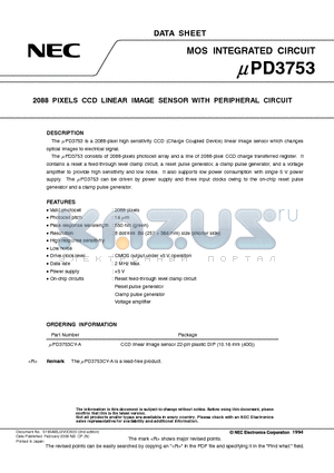 UPD3753 datasheet - 2088 PIXELS CCD LINEAR IMAGE SENSOR WITH PERIPHERAL CIRCUIT