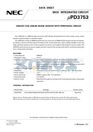 UPD3753CY datasheet - 2088-BIT CCD LINEAR IMAGE SENSOR WITH PERIPHERAL CIRCUIT