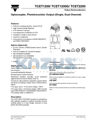 TCET1201 datasheet - Optocoupler, Phototransistor Output (Single, Dual Channel)