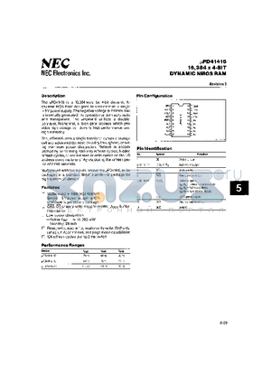 UPD41416-15 datasheet - 16,384 X 4-BIT DYNAMIC NMOS RAM