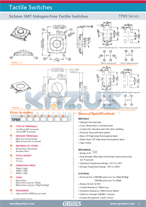 TP89JGN2SATR datasheet - 5x5mm SMT Halogen-Free Tactile Switches