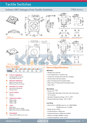 TP89SCN2SATR datasheet - 5x5mm SMT Halogen-Free Tactile Switches