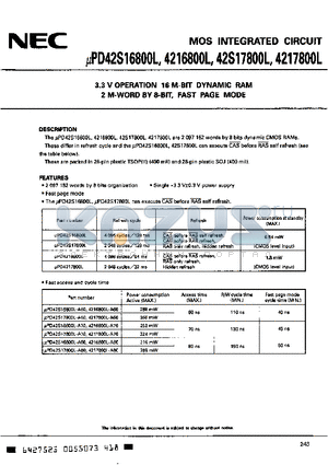 UPD4217800L-A60 datasheet - 3.3 V OPERATION 16 M-BIT DYNAMIC RAM 2 M-WORD BY 8-BIT, FAST PAGE MODE