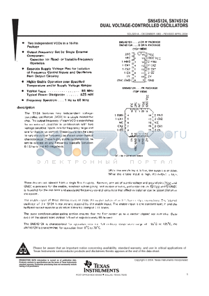 SN74S124N3 datasheet - DUAL VOLTAGE-CONTROLLED OSCILLATORS