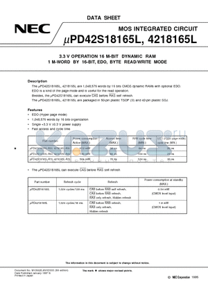 UPD42S18165LG5-A50-7JF datasheet - 3.3 V OPERATION 16 M-BIT DYNAMIC RAM 1 M-WORD BY 16-BIT, EDO, BYTE READ/WRITE MODE