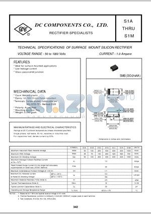 S1A datasheet - TECHNICAL SPECIFICATIONS OF SURFACE MOUNT SILICON RECTIFIER