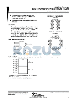 SN74S140DE4 datasheet - DUAL 4-INPUT POSITIVE-NAND 50-OHM LINE DRIVERS