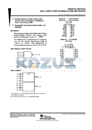 SN74S140DR datasheet - DUAL 4-INPUT POSITIVE-NAND 50-OHM LINE DRIVERS