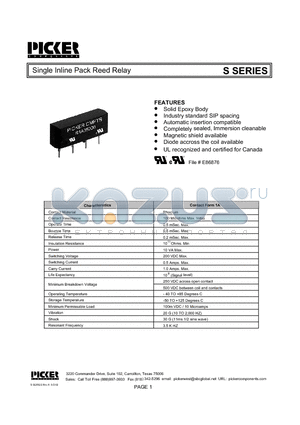 S1A050000 datasheet - Single Inline Pack Reed Relay