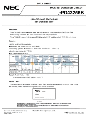 UPD43256BCZ-85L datasheet - 256K-BIT CMOS STATIC RAM 32K-WORD BY 8-BIT