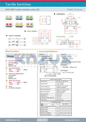 TPA00NEUF10 datasheet - SPST SMT Tactile Switches with LED