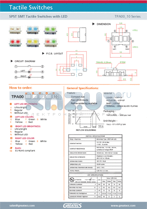 TPA00RCUG10 datasheet - SPST SMT Tactile Switches with LED