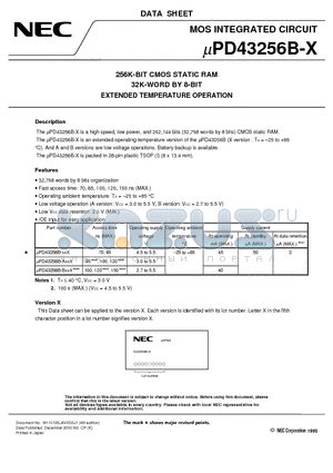 UPD43256BGW-70X-9KL datasheet - 256K-BIT CMOS STATIC RAM 32K-WORD BY 8-BIT EXTENDED TEMPERATURE OPERATION