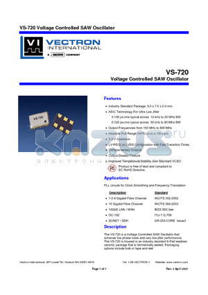 VS-720LFDNBD datasheet - Voltage Controlled SAW Oscillator