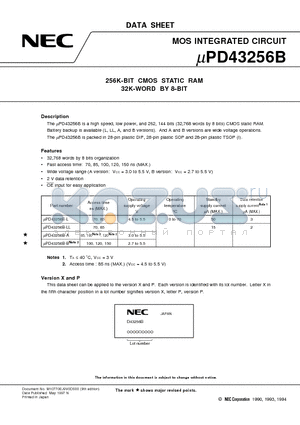 UPD43256BGW-B10-9JL datasheet - 256K-BIT CMOS STATIC RAM 32K-WORD BY 8-BIT