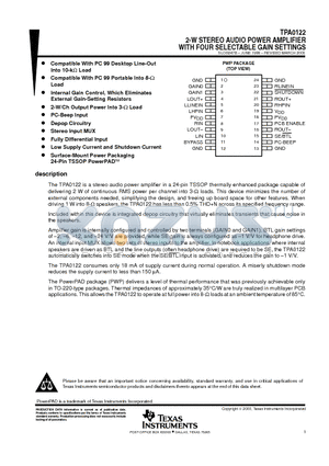 TPA0122 datasheet - 2-W STEREO AUDIO POWER AMPLIFIER WITH FOUR SELECTABLE GAIN SETTINGS