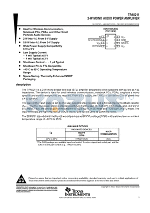 TPA0211DGNG4 datasheet - 2-W MONO AUDIO POWER AMPLIFIER