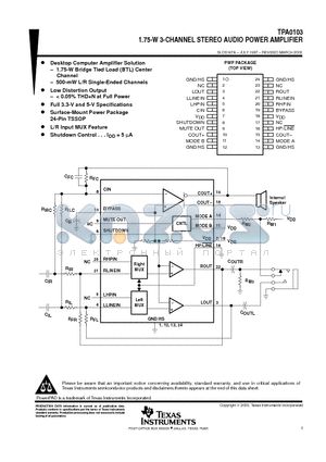 TPA0103 datasheet - 1.75-W 3-CHANNEL STEREO AUDIO POWER AMPLIFIER