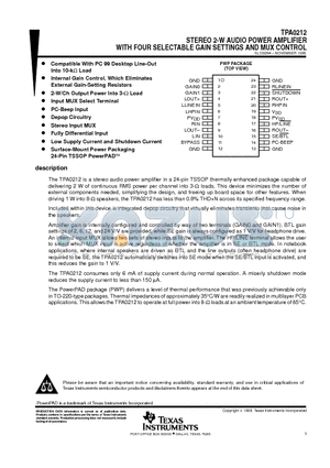 TPA0212 datasheet - STEREO 2-W AUDIO POWER AMPLIFIER WITH FOUR SELECTABLE GAIN SETTINGS AND MUX CONTROL