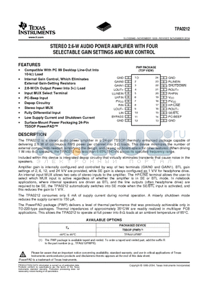 TPA0212PWPR datasheet - STEREO 2.6-W AUDIO POWER AMPLIFIER WITH FOUR SELECTABLE GAIN SETTINGS AND MUX CONTROL