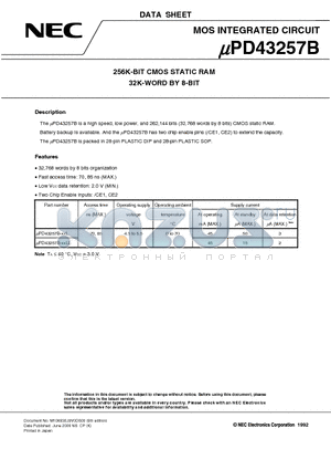 UPD43257BCZ-70L datasheet - MOS INTEGRATED CIRCUIT 256K-BIT CMOS STATIC RAM 32K-WORD BY 8-BIT