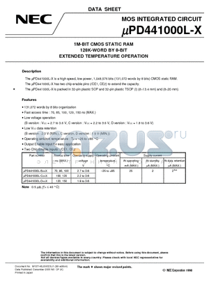 UPD441000LGZ-C10X-KKH datasheet - 1M-BIT CMOS STATIC RAM 128K-WORD BY 8-BIT EXTENDED TEMPERATURE OPERATION