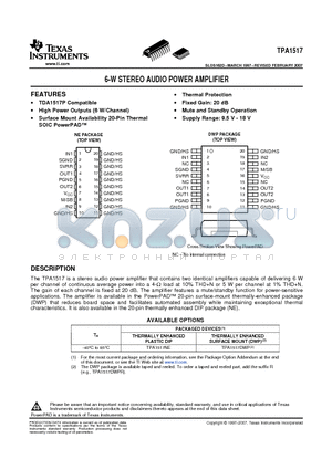 TPA1517DWPG4 datasheet - 6-W STEREO AUDIO POWER AMPLIFIER