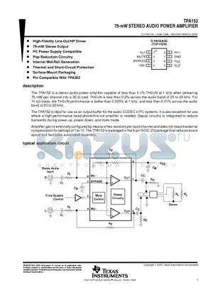 TPA152 datasheet - 75-mW STEREO AUDIO POWER AMPLIFIER