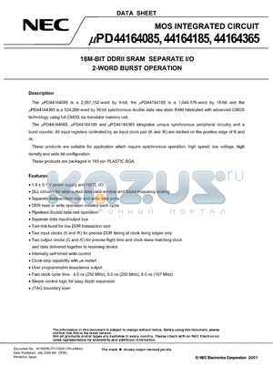 UPD44164085F5-E40-EQ1 datasheet - 18M-BIT DDRII SRAM SEPARATE I/O 2-WORD BURST OPERATION