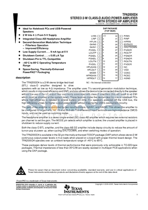 TPA2000D4 datasheet - STEREO 2-W CLASS-D AUDIO POWER AMPLIFIER WITH STEREO HP AMPLIFIER