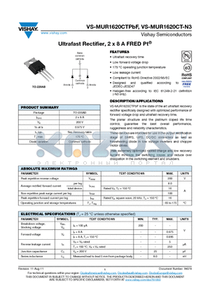 VS-MUR1620CT-N3 datasheet - Ultrafast Rectifier, 2 x 8 A FRED Pt^