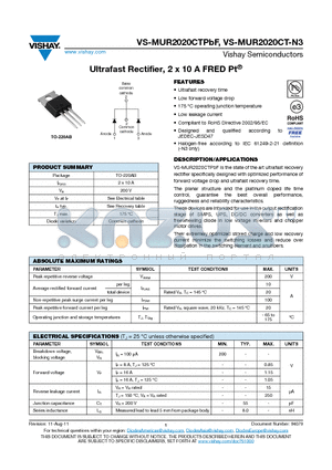 VS-MUR2020CTPBF datasheet - Ultrafast Rectifier, 2 x 10 A FRED Pt^