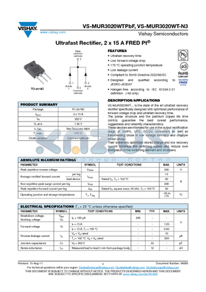 VS-MUR3020WT-N3 datasheet - Ultrafast Rectifier, 2 x 15 A FRED Pt^