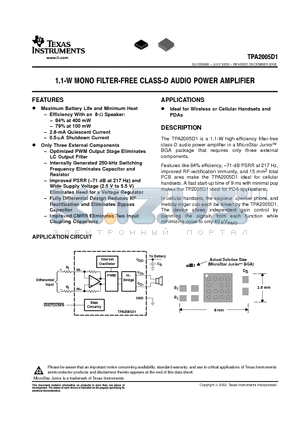 TPA2005D1 datasheet - 1.1 W MONO FILTER FREE CLASS D AUDIO POWER AMPLIFIER