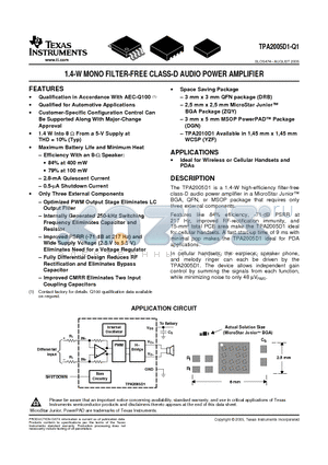 TPA2005D1GQYR datasheet - 1.4-W MONO FILTER-FREE CLASS-D AUDIO POWER AMPLIFIER