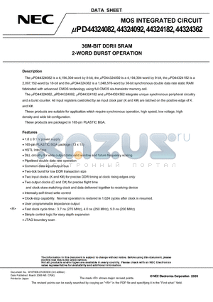 UPD44324082F5-E37-EQ2-A datasheet - 36M-BIT DDRII SRAM 2-WORD BURST OPERATION