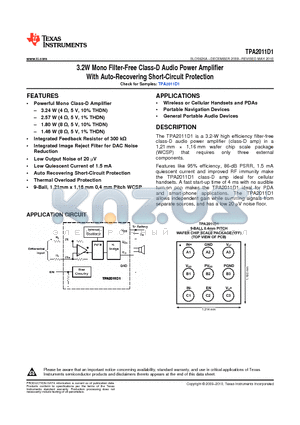 TPA2011D1_12 datasheet - 3.2W Mono Filter-Free Class-D Audio Power Amplifier