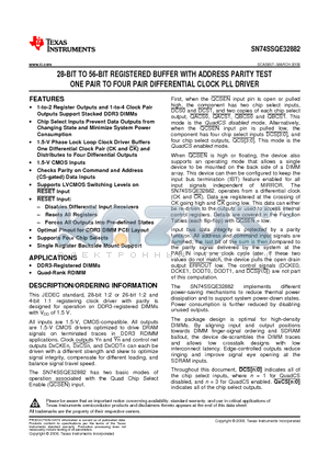 SN74SSQE32882 datasheet - 28-BIT TO 56-BIT REGISTERED BUFFER WITH ADDRESS PARITY TEST ONE PAIR TO FOUR PAIR DIFFERENTIAL CLOCK PLL DRIVER