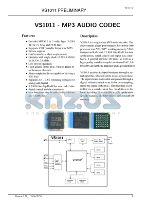 VS1011 datasheet - MP3 AUDIO CODEC