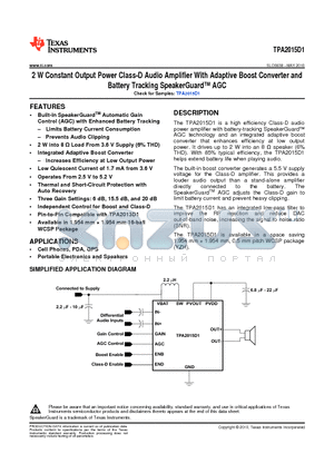 TPA2015D1YZHT datasheet - 2 W Constant Output Power Class-D Audio Amplifier With Adaptive Boost Converter and Battery Tracking SpeakerGuard AGC