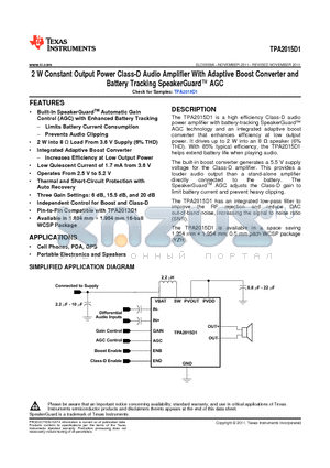 TPA2015D1YZHT datasheet - 2 W Constant Output Power Class-D Audio Amplifier With Adaptive Boost Converter andBattery Tracking SpeakerGuard AGC