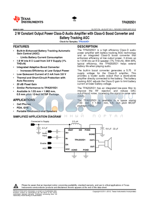 TPA2025D1YZGT datasheet - 2 W Constant Output Power Class-D Audio Amplifier with Class-G Boost Converter