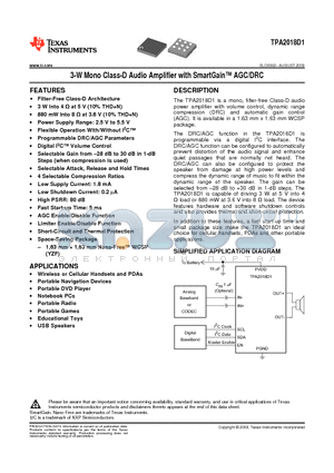 TPA2018D1YZFR datasheet - 3-W Mono Class-D Audio Amplifier with SmartGain AGC/DRC