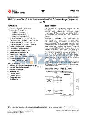 TPA2017D2RTJR datasheet - 2.8-W/Ch Stereo Class-D Audio Amplifier with SmartGainTM Dynamic Range Compression and AGC