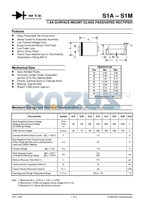 S1J-T1 datasheet - 1.0A SURFACE MOUNT GLASS PASSIVATED RECTIFIER