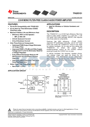 TPA2031D1YZFR datasheet - 2.5-W MONO FILTER-FREE CLASS-D AUDIO POWER AMPLIFIER