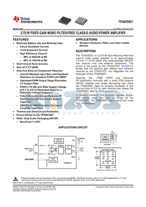 TPA2035D1YZFT datasheet - 2.75-W FIXED GAIN MONO FILTER-FREE CLASS-D AUDIO POWER AMPLIFIER