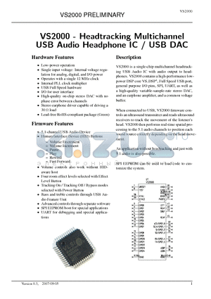 VS2000 datasheet - Headtracking Multichannel USB Audio Headphone IC / USB DAC