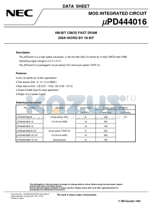 UPD444016LE-10 datasheet - 4M-BIT CMOS FAST SRAM 256K-WORD BY 16-BIT