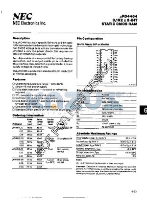 UPD4464G-20 datasheet - 8,192 X 8 - BIT STATIC CMOS RAM